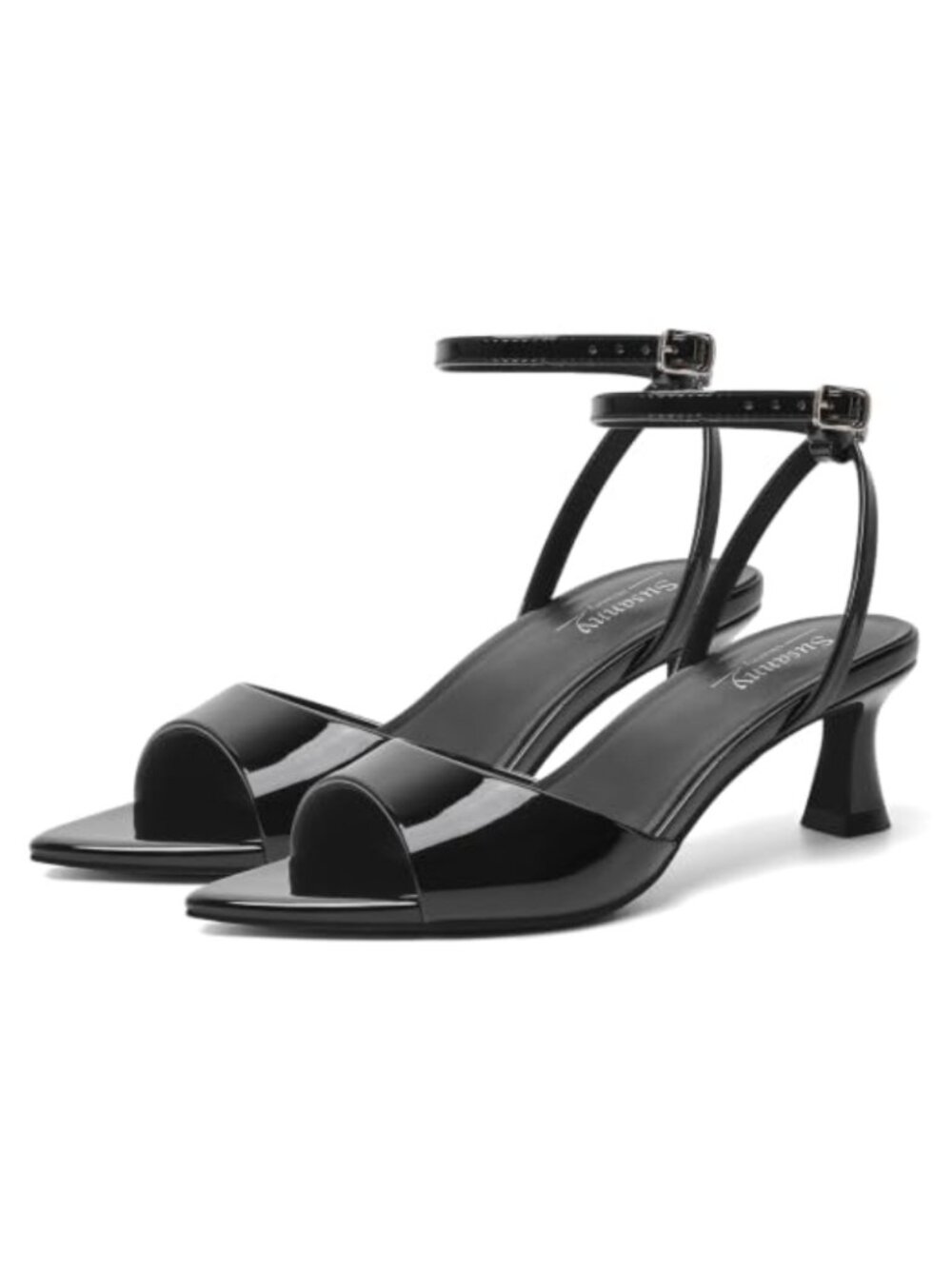 Womens Pointed Open Toe Strappy Chunky Block Kitten Heel Ankle Strap Sandals